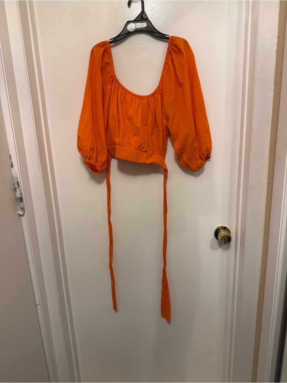 Topshop Bright Orange Puff Sleeve Tie-Back Crop Top